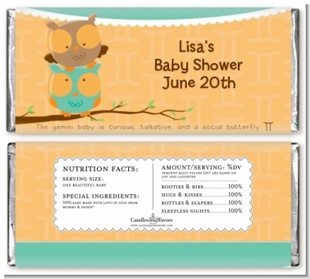 Owls | Gemini Horoscope - Personalized Baby Shower Candy Bar Wrappers