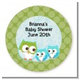 Owl - Look Whooo's Having Twin Boys - Round Personalized Baby Shower Sticker Labels thumbnail