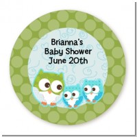 Owl - Look Whooo's Having Twin Boys - Round Personalized Baby Shower Sticker Labels