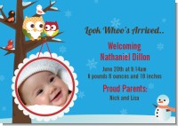 Owl - Winter Theme or Christmas - Birth Announcement Photo Card