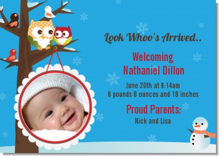 Owl - Winter Theme or Christmas - Birth Announcement Photo Card