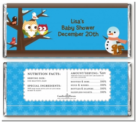 Owl - Winter Theme or Christmas - Personalized Baby Shower Candy Bar Wrappers