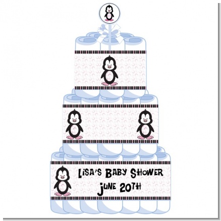 Penguin Pink - Personalized Baby Shower Diaper Cake 3 Tier