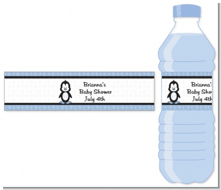 Penguin Blue - Personalized Baby Shower Water Bottle Labels