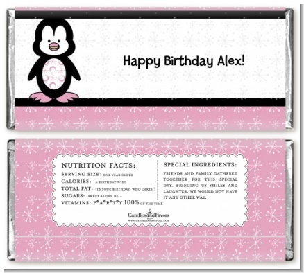 Penguin Pink - Personalized Birthday Party Candy Bar Wrappers