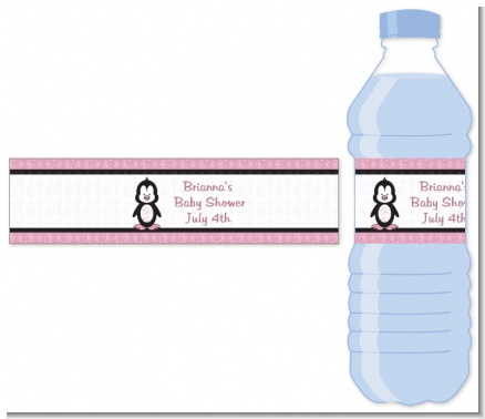 Penguin Pink - Personalized Baby Shower Water Bottle Labels