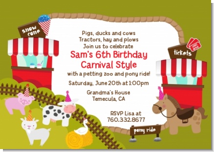 Petting Zoo Carnival - Birthday Party Invitations