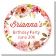 Pink Watercolor Flowers - Round Personalized Birthday Party Sticker Labels thumbnail