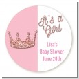 Pink Glitter Baby Crown - Round Personalized Baby Shower Sticker Labels thumbnail