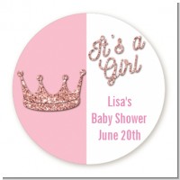 Pink Glitter Baby Crown - Round Personalized Baby Shower Sticker Labels