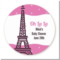 Pink Poodle in Paris - Round Personalized Baby Shower Sticker Labels