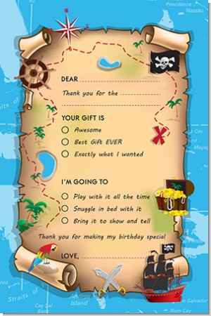 Pirate Treasure Map - Birthday Party Fill In Thank You Cards