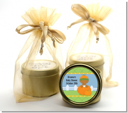 Pumpkin Baby African American - Baby Shower Gold Tin Candle Favors