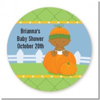 Pumpkin Baby African American - Round Personalized Baby Shower Sticker Labels