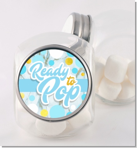 Ready To Pop Blue Gold - Personalized Baby Shower Candy Jar