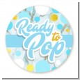 Ready To Pop Blue Gold - Round Personalized Baby Shower Sticker Labels thumbnail