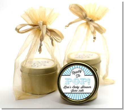 Ready To Pop Blue Stripes - Baby Shower Gold Tin Candle Favors