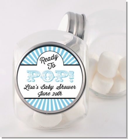 Ready To Pop Blue Stripes - Personalized Baby Shower Candy Jar