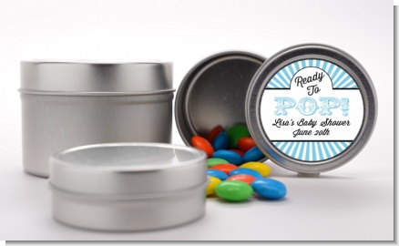 Ready To Pop Blue Stripes - Custom Baby Shower Favor Tins
