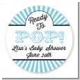 Ready To Pop Blue Stripes - Round Personalized Baby Shower Sticker Labels thumbnail