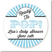 Ready To Pop Blue Stripes - Round Personalized Baby Shower Sticker Labels