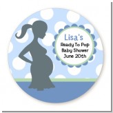 Ready To Pop Blue with white dots - Round Personalized Baby Shower Sticker Labels