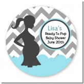 Ready To Pop Chevron Gray and Aqua - Round Personalized Baby Shower Sticker Labels
