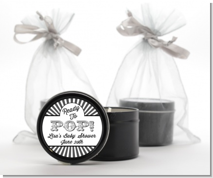 Ready To Pop Gray Stripes - Baby Shower Black Candle Tin Favors