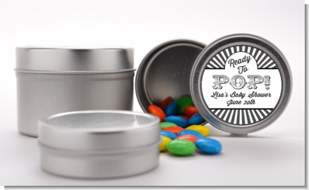 Ready To Pop Gray Stripes - Custom Baby Shower Favor Tins