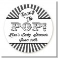 Ready To Pop Gray Stripes - Round Personalized Baby Shower Sticker Labels thumbnail
