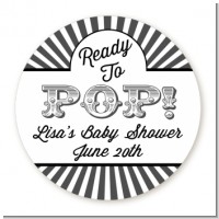 Ready To Pop Gray Stripes - Round Personalized Baby Shower Sticker Labels