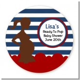 Ready To Pop Navy Blue Stripes and Red - Round Personalized Baby Shower Sticker Labels