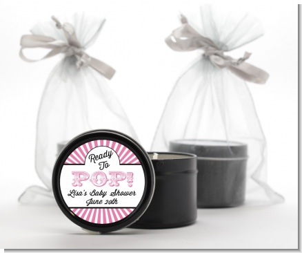 Ready To Pop Pink Stripes - Baby Shower Black Candle Tin Favors