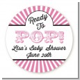 Ready To Pop Pink Stripes - Round Personalized Baby Shower Sticker Labels thumbnail
