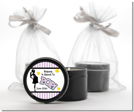 Ready To Pop Purple - Baby Shower Black Candle Tin Favors
