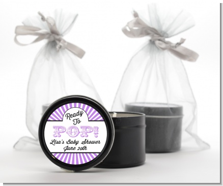 Ready To Pop Purple Stripes - Baby Shower Black Candle Tin Favors