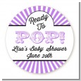 Ready To Pop Purple Stripes - Round Personalized Baby Shower Sticker Labels thumbnail