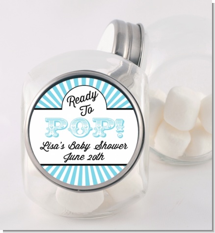 Ready To Pop Teal Stripes - Personalized Baby Shower Candy Jar