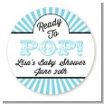 Ready To Pop Teal Stripes - Round Personalized Baby Shower Sticker Labels thumbnail