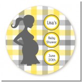 Ready To Pop Yellow and Gray Plaid - Round Personalized Baby Shower Sticker Labels