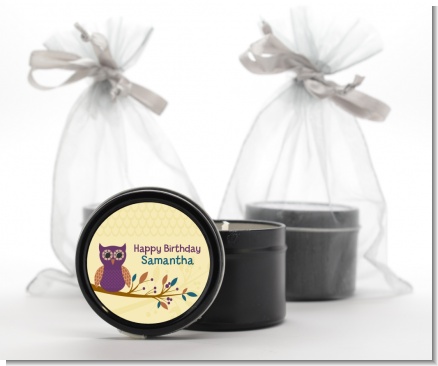 Retro Owl - Birthday Party Black Candle Tin Favors