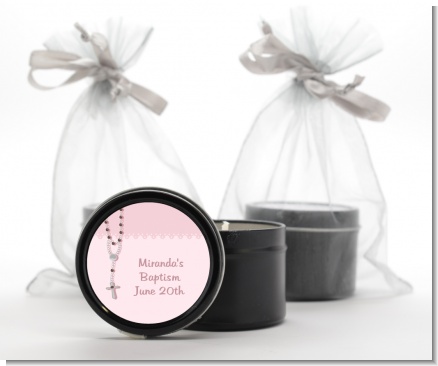 Rosary Beads Pink - Baptism / Christening Black Candle Tin Favors