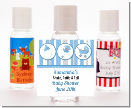 Shake, Rattle & Roll Blue - Personalized Baby Shower Hand Sanitizers Favors