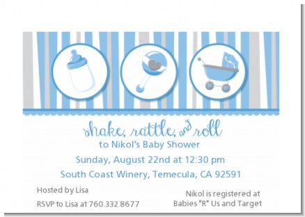 Shake, Rattle & Roll Blue - Baby Shower Petite Invitations