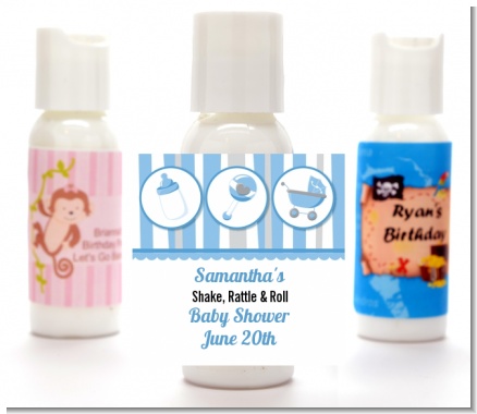 Shake, Rattle & Roll Blue - Personalized Baby Shower Lotion Favors