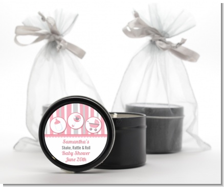 Shake, Rattle & Roll Pink - Baby Shower Black Candle Tin Favors