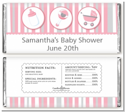 Shake, Rattle & Roll Pink - Personalized Baby Shower Candy Bar Wrappers