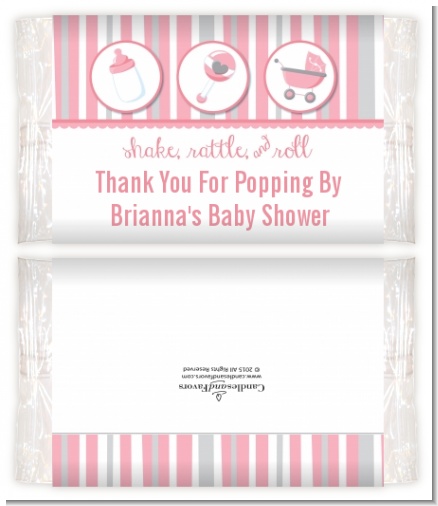 Shake, Rattle & Roll Pink - Personalized Popcorn Wrapper Baby Shower Favors