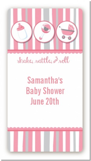 Shake, Rattle & Roll Pink - Custom Rectangle Baby Shower Sticker/Labels