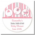 Shake, Rattle & Roll Pink - Round Personalized Baby Shower Sticker Labels thumbnail